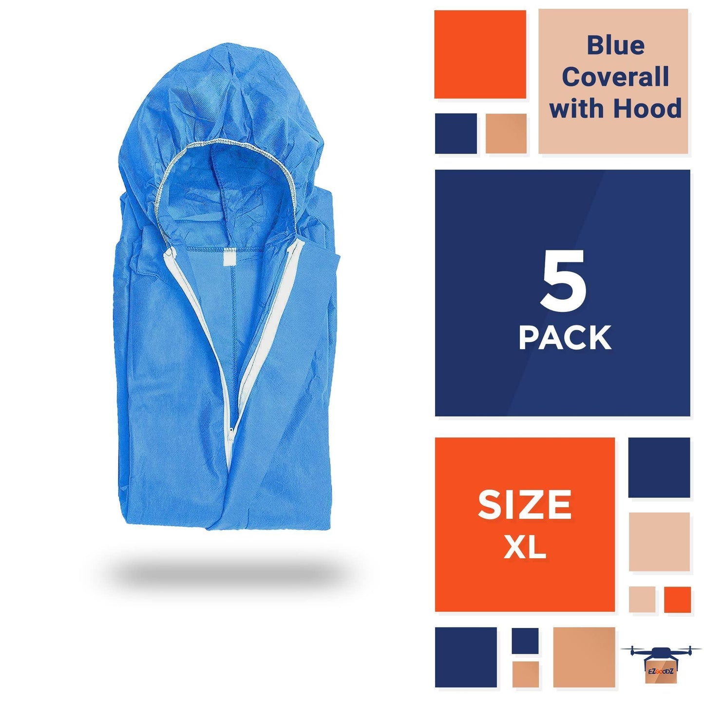 EZGOODZ Disposable Coveralls for Men Women Pack of 5 X Large Blue Hazmat Suits