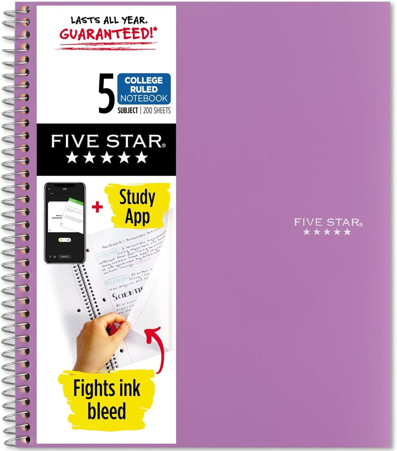 Spiral Notebook + Study App, 5 Subject, College Ruled Paper, Fights Ink Bleed, Water Resistant Cover, 8-1/2" X 11", 200 Sheets, Blue (73635)