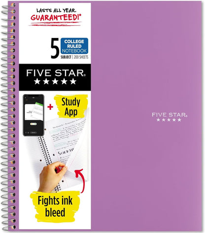 Spiral Notebook + Study App, 5 Subject, College Ruled Paper, Fights Ink Bleed, Water Resistant Cover, 8-1/2" X 11", 200 Sheets, Blue (73635)
