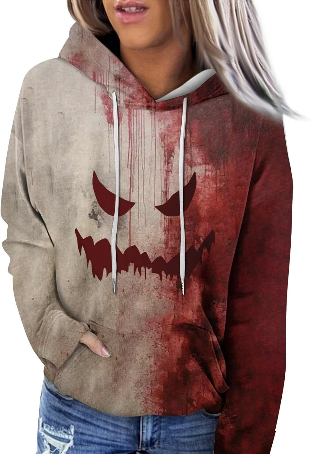 Halloween Hoodie for Women 2024 Scary Pumpkin Printed Long Sleeve Sweatshirts Pullover Cute Costumes with Pockets