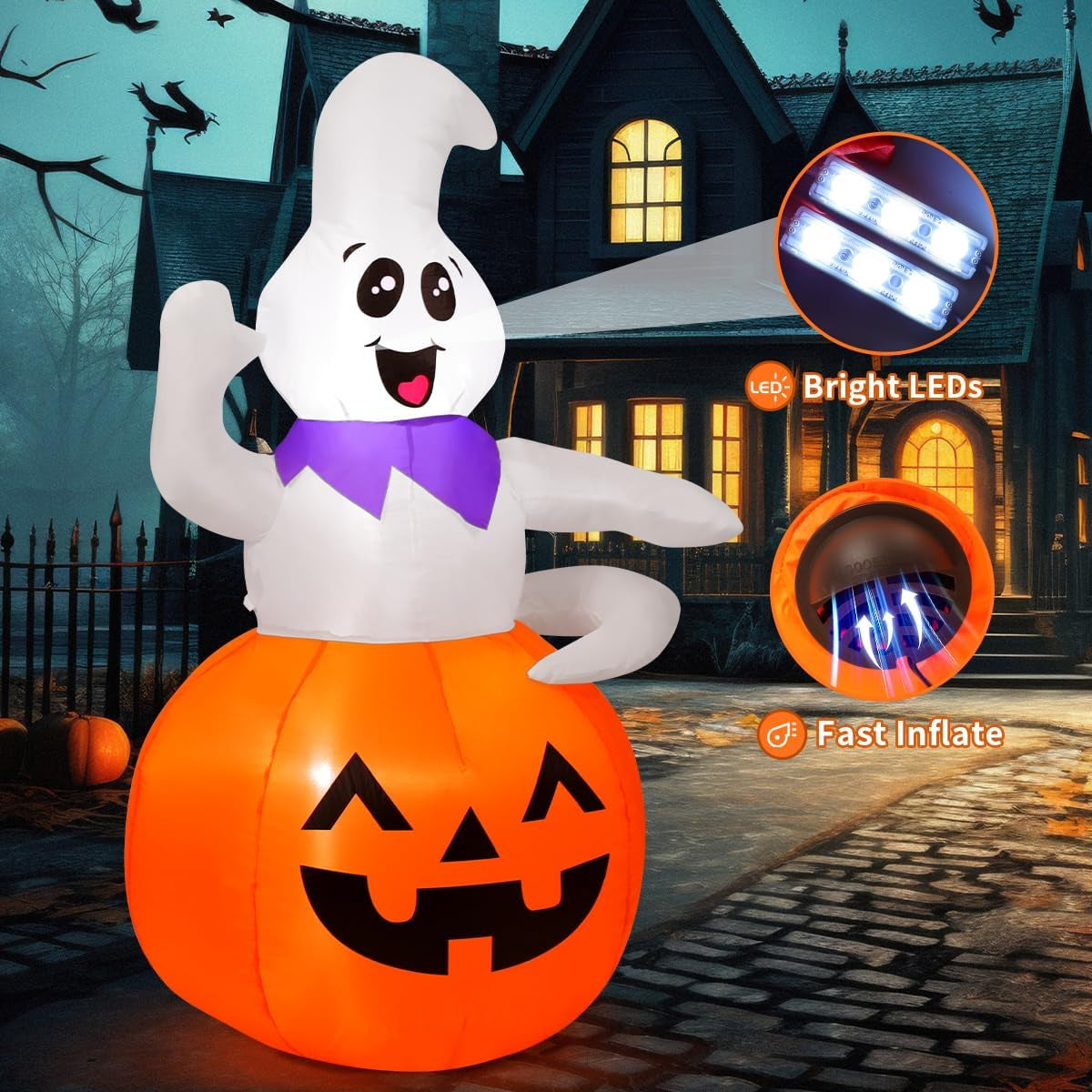 5 FT Halloween Inflatable Cute Pumpkin Ghost Outdoor Decorations Blow up Yard Ghost in Pumpkin with Built-In Leds for Indoor Party Garden Lawn Decor