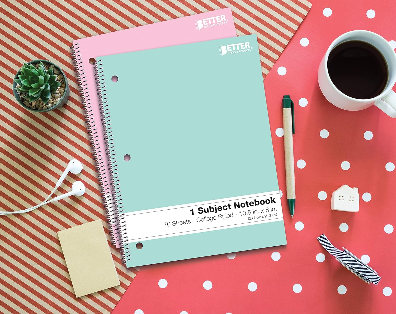 Spiral Notebooks, 6 Pack, 1 Subject, 70 Sheets, 10.5 X 8 Inches, 6 Assorted Pastel Colors (Wide Ruled)