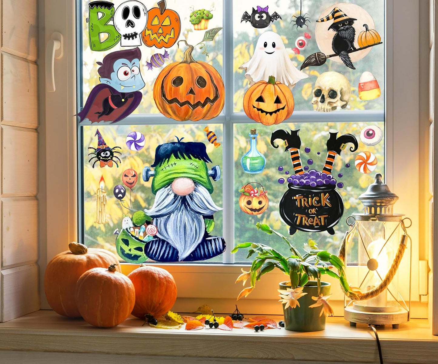 6 Sheets Halloween Window Clings Halloween Window Decorations Halloween Window Stickers Cute Oil Painting Window Decals for Halloween Home Indoor Wall Window Decor