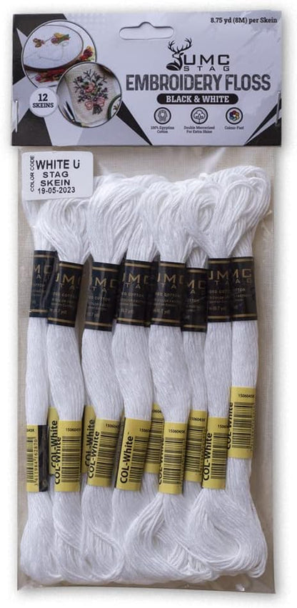 Pack of 12 Premium Embroidery Thread | 100% Egyptian Cotton Premium Skeins | Cross Stitch Embroidery Floss | Oeko TEX Certified Stranded Cotton | Ideal for Arts & Crafts (White-12)