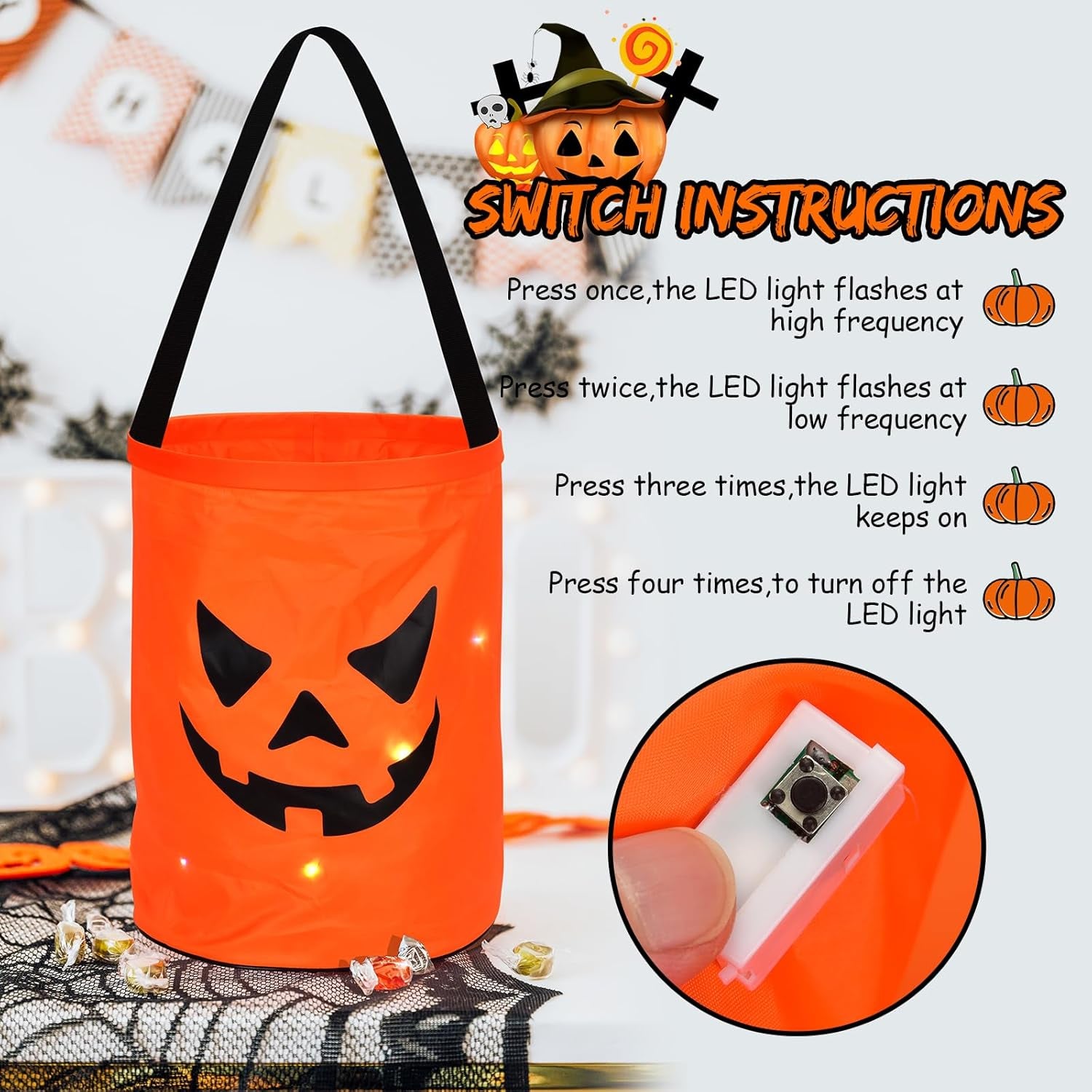 2 Pcs LED Light Halloween Candy Bags, Light up Halloween Party Bags, Trick or Treat Bags Light up Candy Bags, Multipurpose Reusable Halloween Supplies Gift Box (Orange -2)1