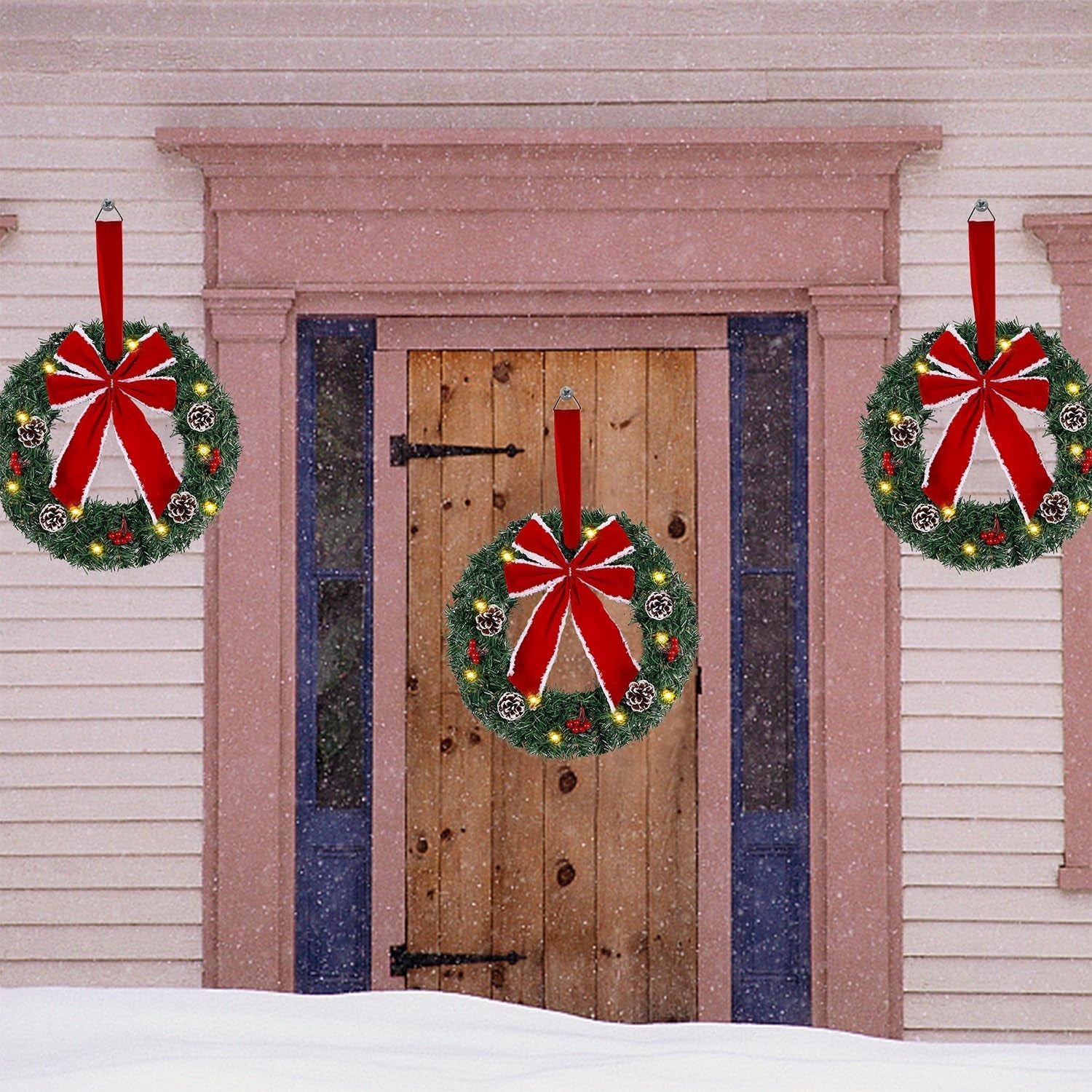 Set of 3 Christmas Wreaths, Lighted Artificial Christmas Wreath with LED Lights & Large Red Bow Ornaments, 8 Modes & Timer, Battery Operated for Front Door Gate Wall Xmas Party Decorations