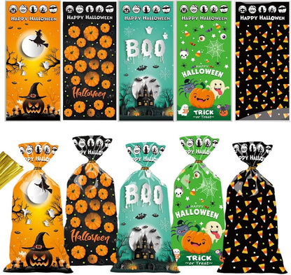 50 Pieces Halloween Treat Bags Trick or Treat Cellophane Plastic Candy Goodie Favor Bags with 50 Pieces Twist Ties for Kids Halloween Party Supplies, Pattern 03