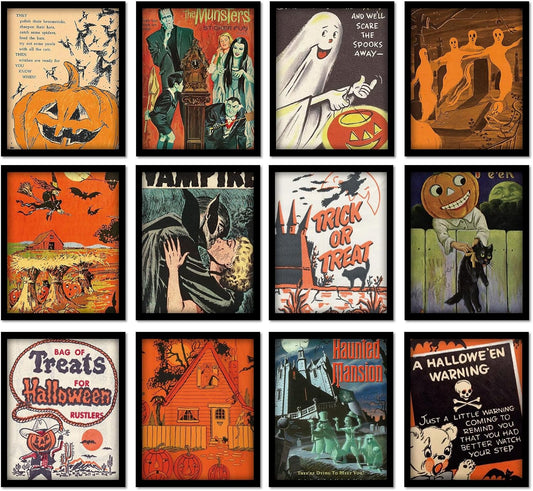 Halloween Wall Art Prints Vintage Halloween Pumpkin Ghost Paper Posters Retro Picture Decoration for Party Gallery Living Room Office, 8 X 10 Inch, Unframed