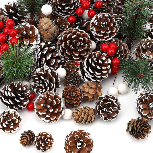 115Pcs Christmas Pine Cones Berry Pine Branch Set White Christmas Decorations for DIY Crafts Home Xmas Tree Gift Party Supplies, Assorted Sizes