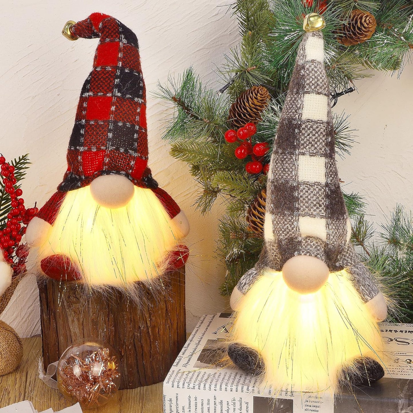 2 Pack Lighted Christmas Gnomes, 12 Inch Handmade Plush Scandinavian Swedish Tomte with Buffalo Plaid Hat, Light up Elf Toy Holiday Present, Battery Operated Xmas Gifts Winter Tabletop Decor