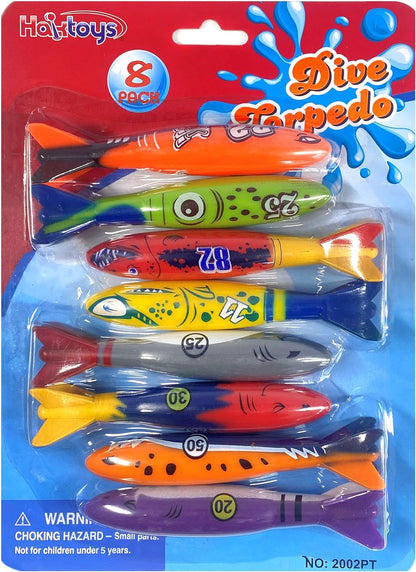 Underwater Diving Torpedo Bandits, Swimming Pool Toy 5” Sharks Glides up to 20 Feet Fun Water Games for Boys and Girls (Set of 8 Pieces)