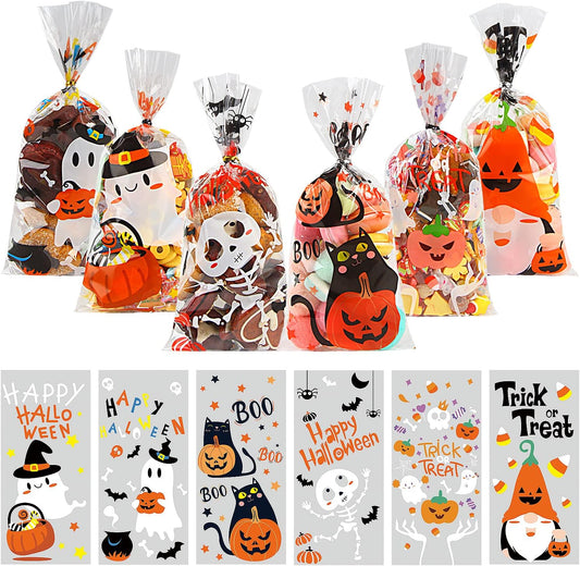 120PCS Halloween Cellophane Treat Bags,Halloween Clear Cellophane Trick or Treat Candy Gift Cookie Bags with Twists for Halloween Party Favors Supplies