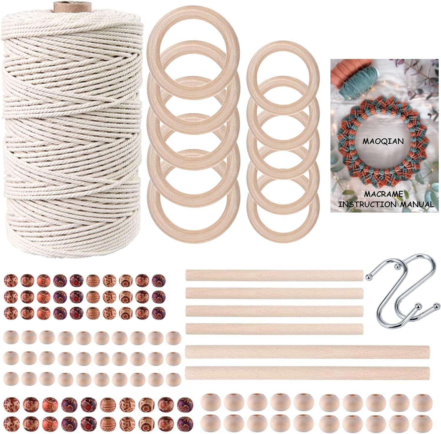 120Pcs Macrame Kits for Beginners 3Mm X 109Yards Natural Cotton Macrame Cord with Wooden Beads & Rings,Wooden Sticks,Metal Rings Macrame Supplies Best for Macrame Plant Hanger