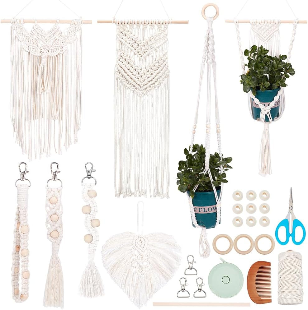 8 in 1 DIY Macrame Kit All in One Macrame Kits for Adults Beginners White Macrame Wall Hanging Ornaments for Decoration Easy Macrame Keychain Kits Macrame Plant Hanger Kit with Instruction