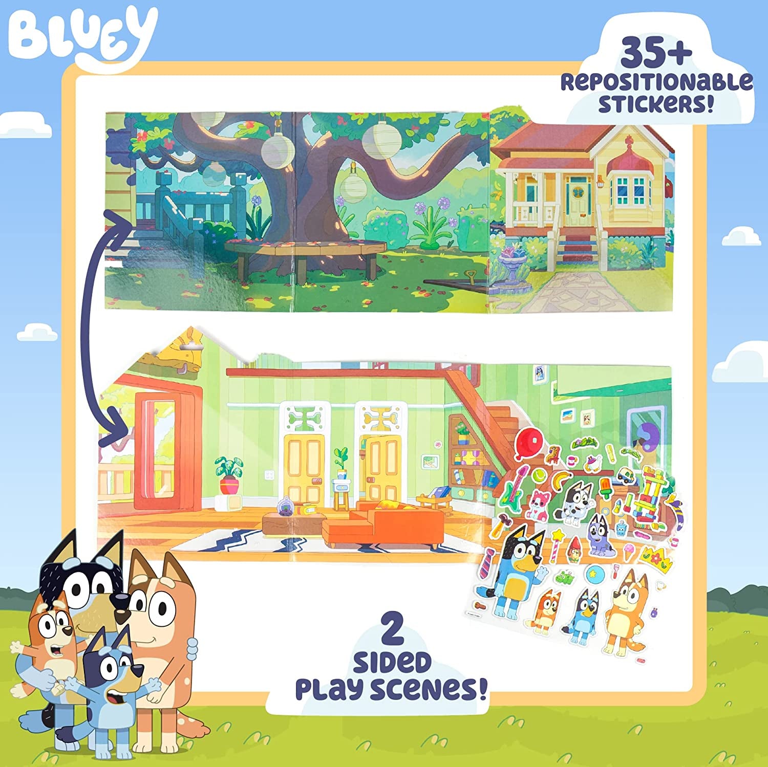 Bluey Sticker Playset, 2 Sticker Play Scenes, 35+ Reusable Puffy Bluey Repositionable Stickers for Kids, Perfect for Travel, Screen-Free Fun