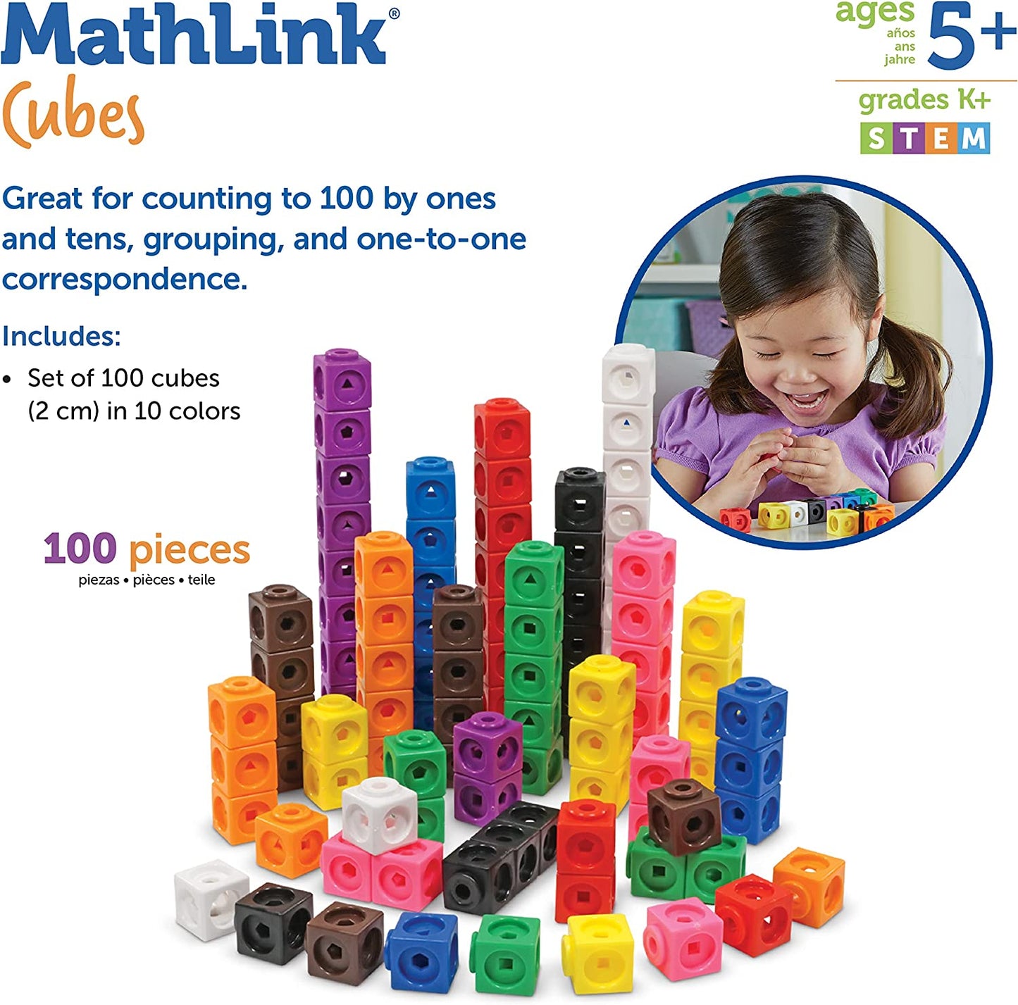 Mathlink Cubes - Set of 100 Cubes, Ages 5+ Kindergarten, STEM Activities, Math Manipulatives, Homeschool Supplies, Teacher Supplies