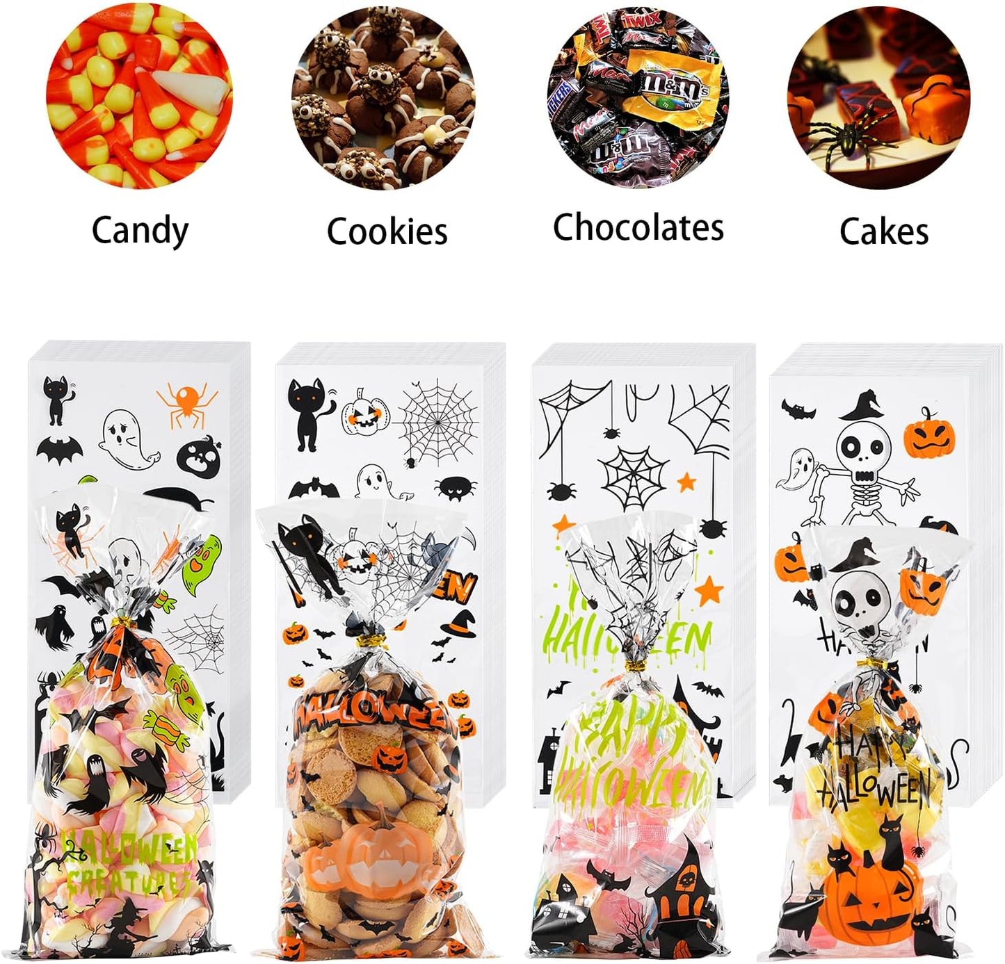 Halloween Cellophane Treat Bags, 180Pcs Halloween Trick or Treat Goody Gags with 200Pcs Twists for Snacks Cookies Packing, Halloween Goodie Bags Party Supplies