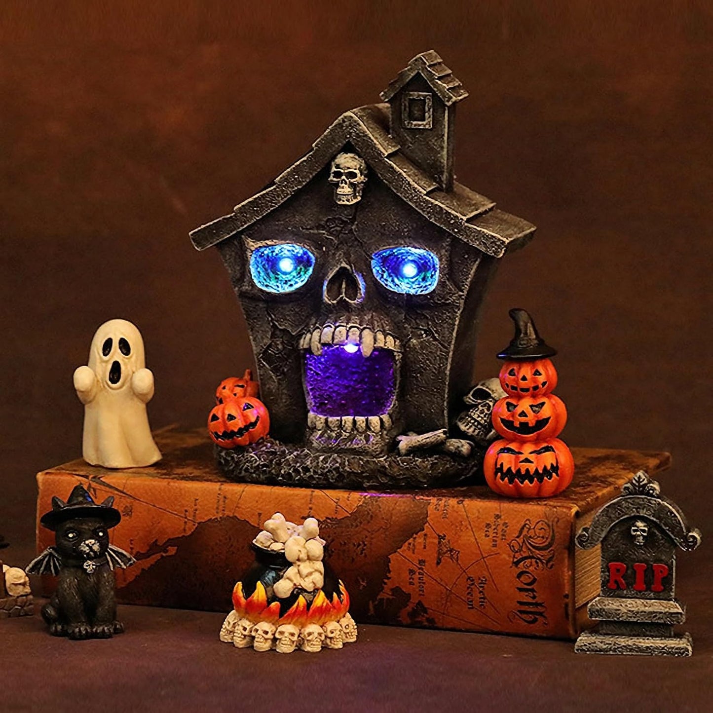 Halloween Skull Head Haunted House Village Figurine Decoration Resin Mansion Lighted Table Decor for Home Kitchen Fireplace Office Desk Indoor Yard Lawn Outdoor Ornaments Party Props