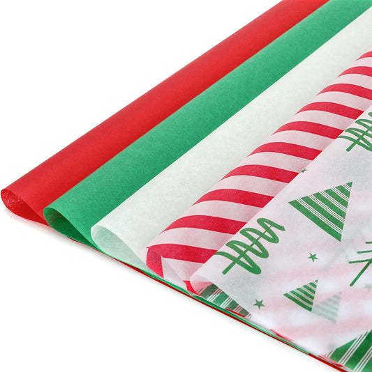 120 Sheets Christmas Tissue Paper for Gift Bags, Red Green and White Tissue Paper Bulk Assorted Design Gift Wrapping Paper, Xmas Tissue Paper for Crafts Holiday Decor