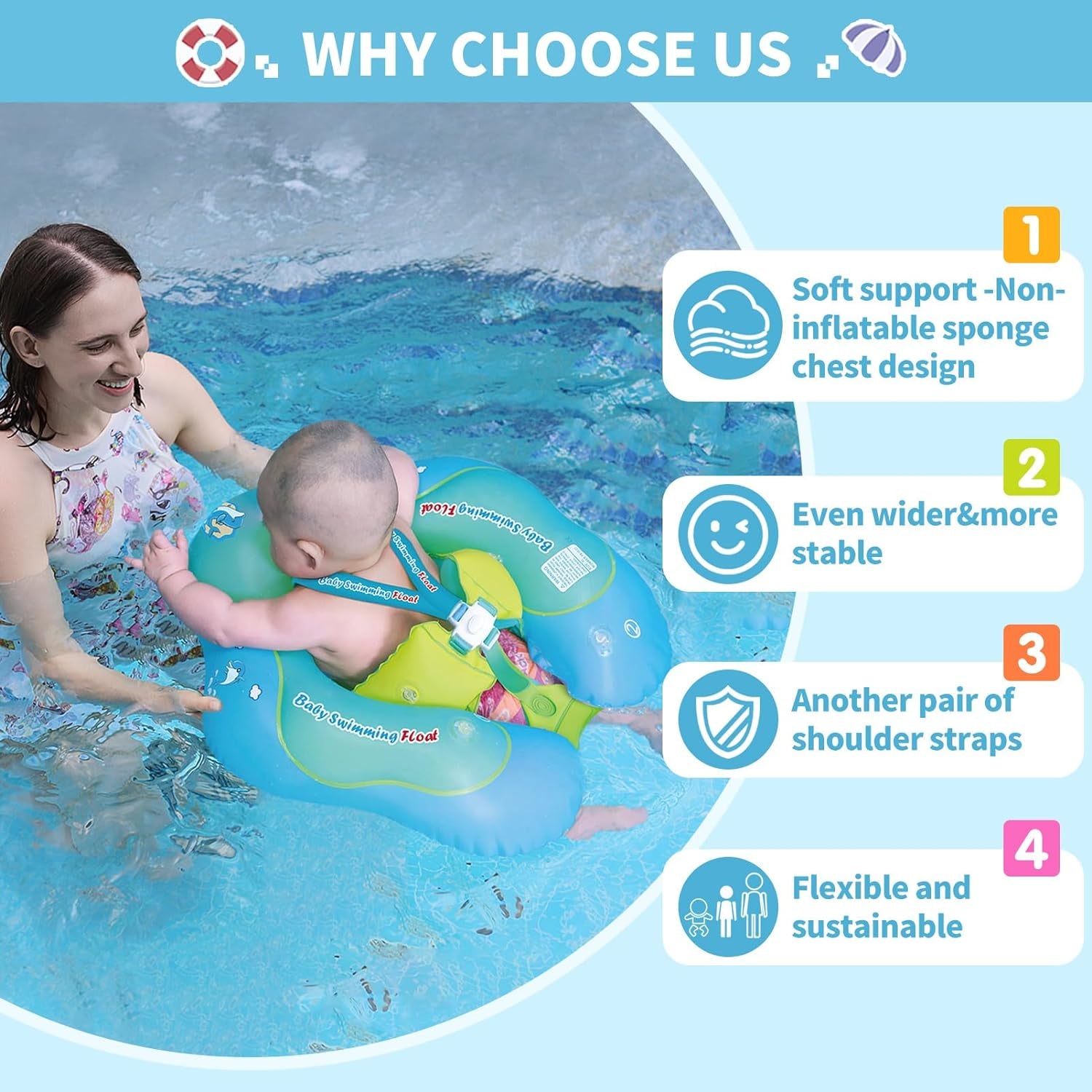 Inflatable Baby Swim Float with Sun Canopy Size Improved Infant Pool Floaties Swimming Pool Toys for the Age of 3-72 Months(Blue, L)