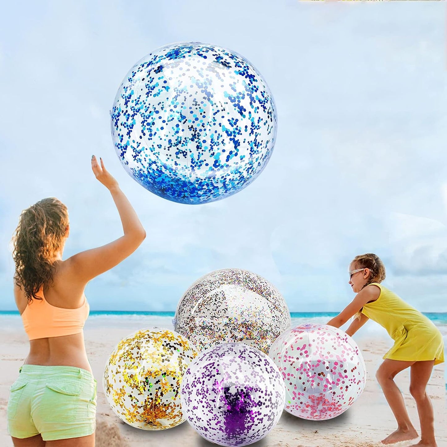 5 Pack Sequins Beach Balls Pool Toys Balls 16 Inch 24 Inch Confetti Glitters Inflatable Clear Beach Ball Swimming Pool Water Beach Toys Summer Outdoor Party Favors for Kids Adults