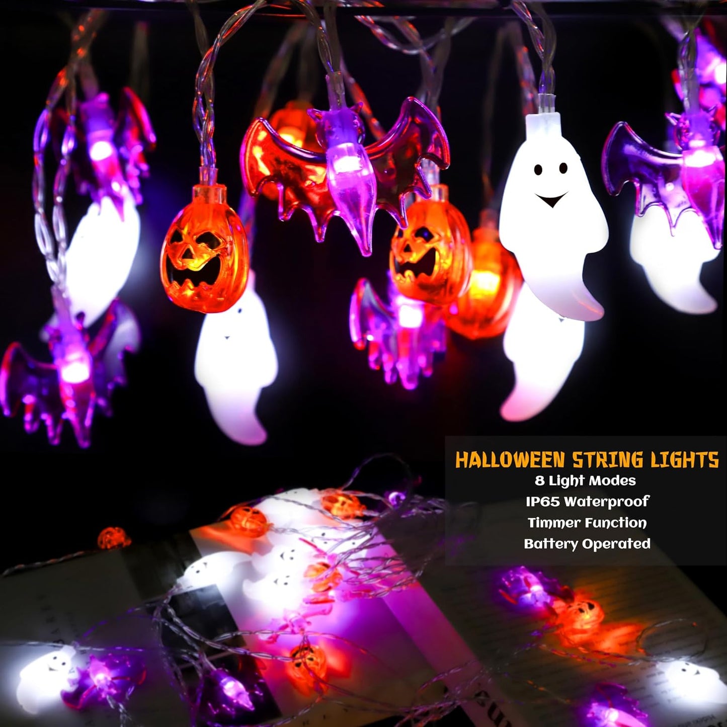 Halloween Lights Decorations Outdoor, 20FT 30 LED 3D Pumpkin Bat Ghost Halloween String Lights Battery Operated with Timer 8 Light Modes Halloween Decorations Outdoor Indoor Home Halloween Party Decor