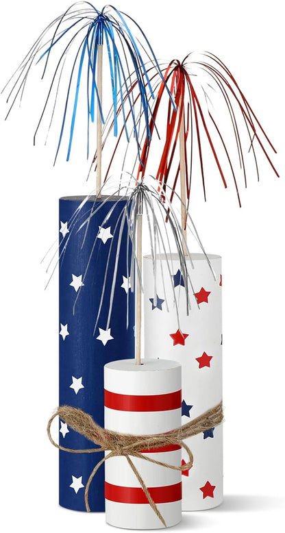 3 Pcs 4Th of July Wooden Firework Patriotic Tiered Tray Decor Independence Day Centerpiece Memorial Day Table Decor Patriotic Wooden Centerpiece for Home Decorations(Stripe and Star)