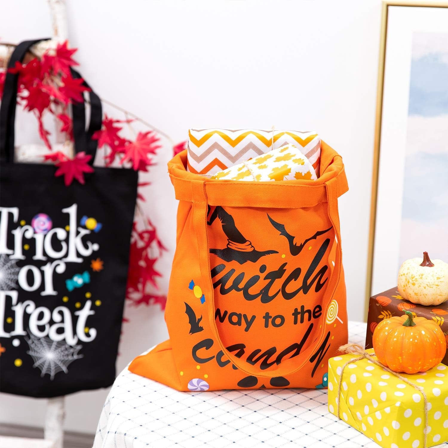 Halloween Canvas Tote Bags Trick or Treat Tote Candy Bag Reusable Cotton Handbag Grocery Bags for Halloween Party Favor Gift Bags, 2 Pack, 15.7" X 13.4"