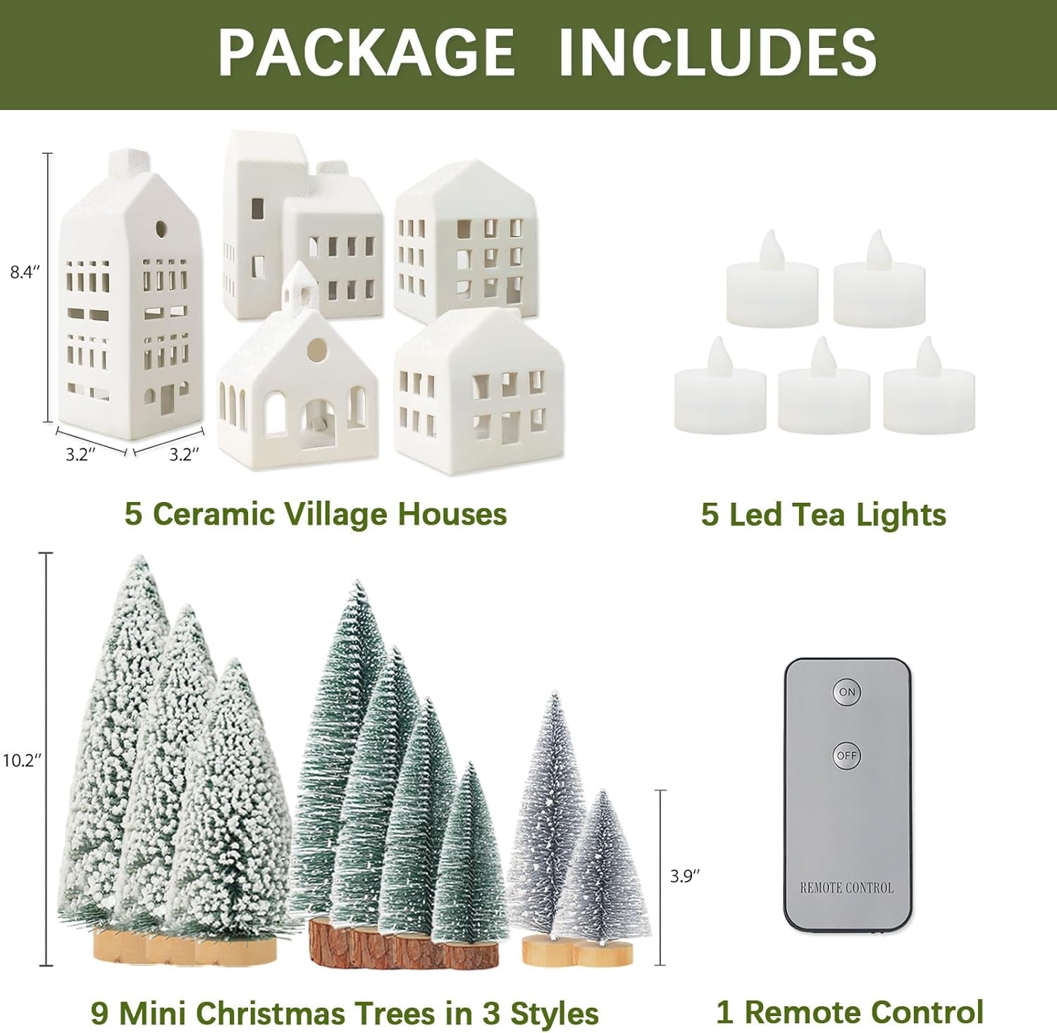 Christmas Decorations - Christmas Decorations Indoor - Christmas Village Sets of 5 Lighted Ceramic Houses with Remote Control & 9 Trees - White Xmas Holiday Farmhouse Rustic Decor for Home Table Room