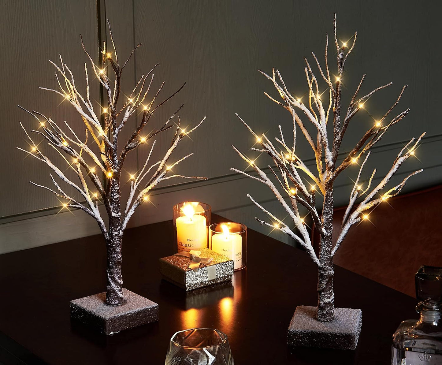 Pre Lit Tabletop Snow Dusted Tree with Timer 24LED 18IN Battery Operated for Christmas Valentine Party Decoration 2 Set