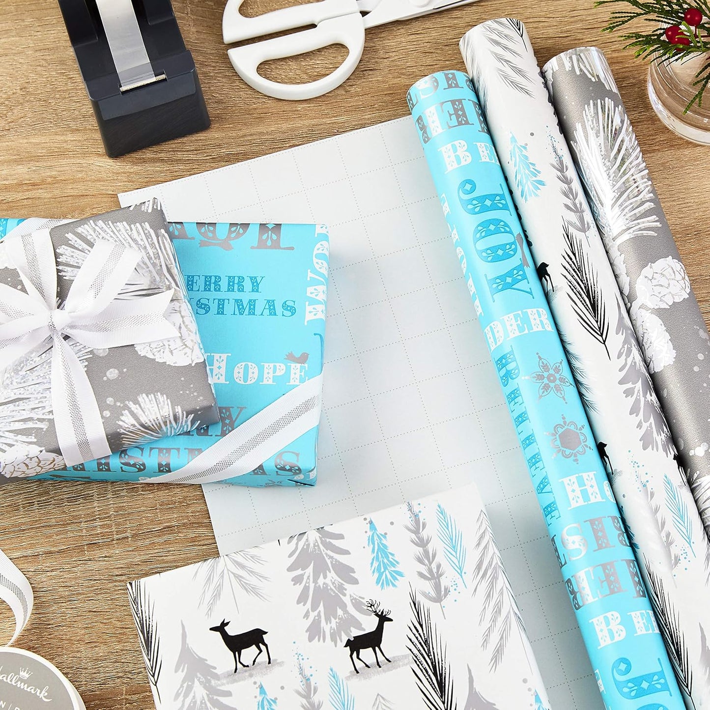 Christmas Wrapping Paper Bundle with Cutlines on Reverse (3 Rolls: 80 Sq. Ft. Ttl) Teal and Silver, Elegant Woodland with Deer, Holographic Pinecones