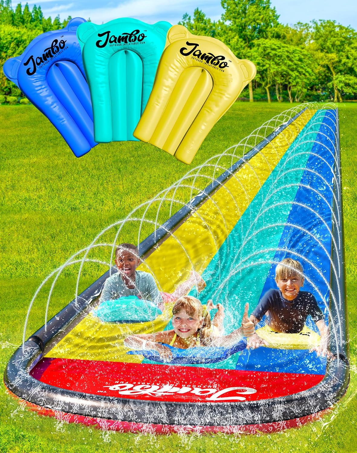 XL Premium Slip Splash and Slide with 3 Bodyboards, Heavy Duty Water Slide with Advanced 3-Way Water Sprinkler System, Backyard Waterslide Outdoor Water Toys N Slides for Kids, Splash Pad