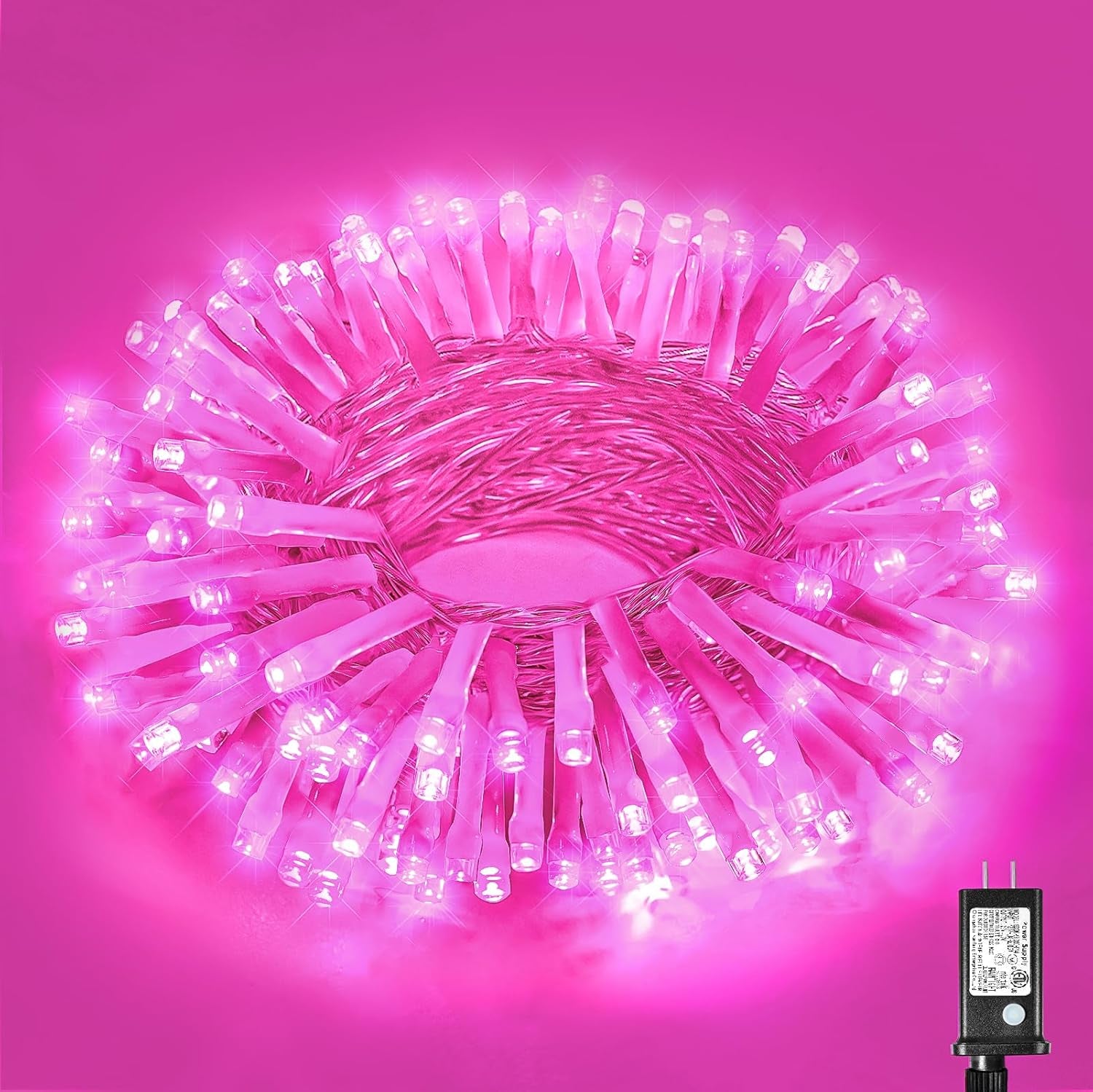 100 LED Pink String Lights, 33Ft Pink Christmas Lights Outdoor 8 Modes Clear Wire, Plug in Waterproof Twinkle Fairy Lights for Bedroom Indoor Wedding Valentines Christmas Decorations