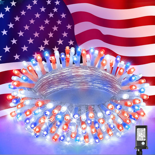 Red White and Blue String Lights, 4Th of July Decorations Lights 100 LED Patriotic Lights 33Ft 8 Modes Plug in Waterproof Fairy String Lights for Indoor Outdoor Independence Day, Patriotic Holiday