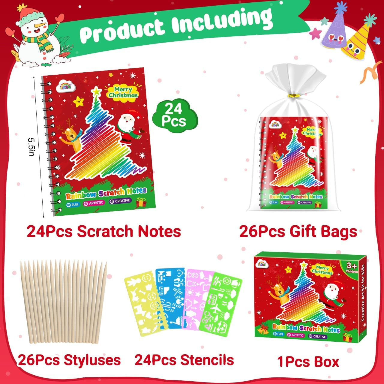 Christmas Gifts Toys for Kids: 24 Pack Rainbow Scratch Art Notebook Bulk Scratch Art Party Favors Girls Boys Birthday Party Favors Scratch Pad Classroom Prizes Stocking Stuffers