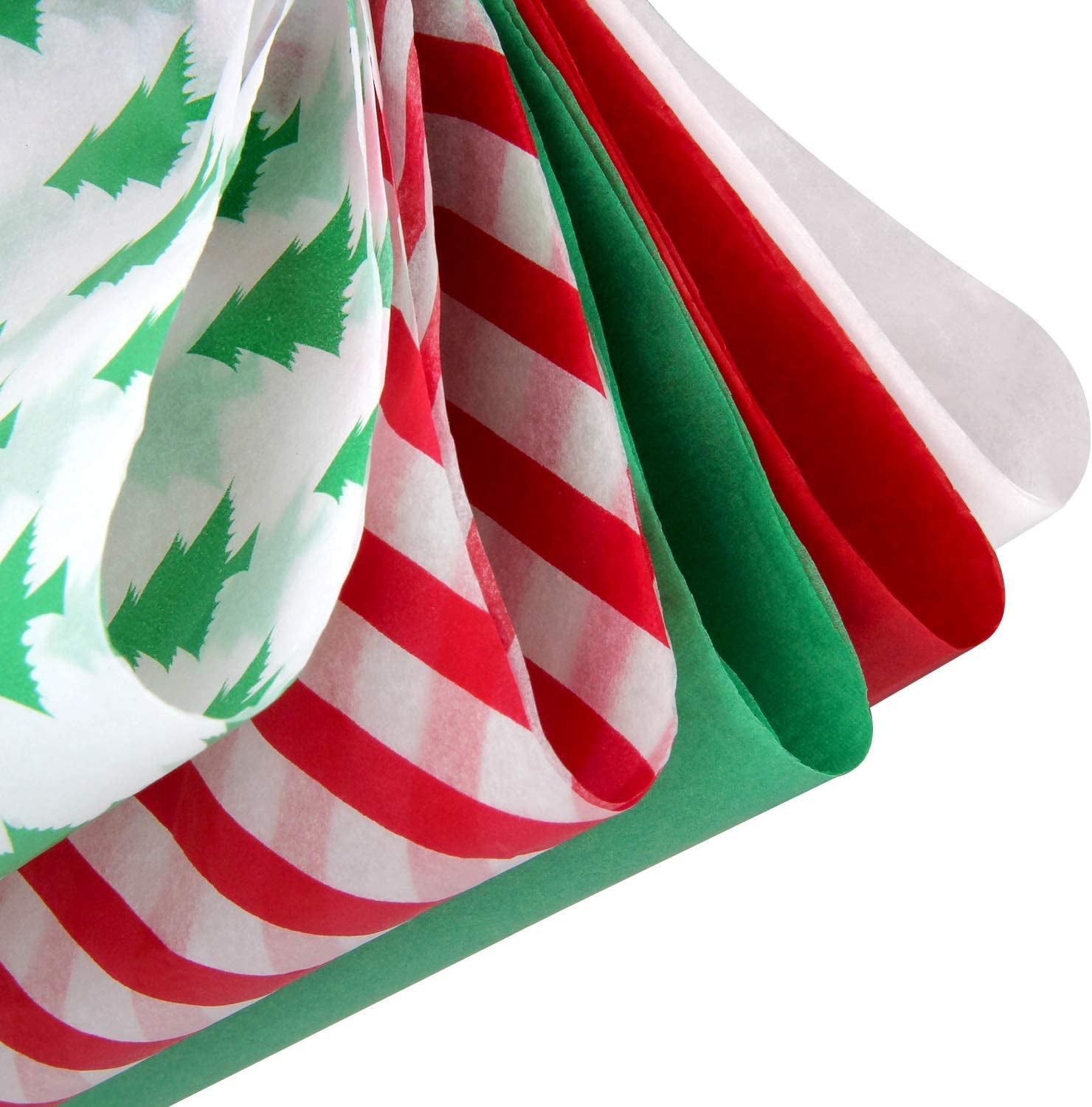 Christmas Tissue Paper Gift Wrapping Paper, 120 Sheets, 13.5" X 19.5", White, Red, Green, Red Stripe, Christmas Trees Design