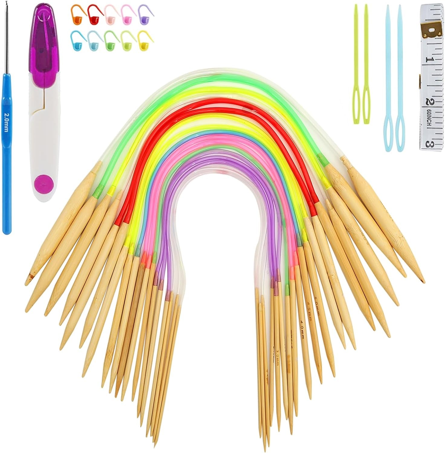 Bamboo Knitting Needles Set -18 Pairscircular Wooden Knitting Needles with Colorful Plastic Tube, Small Tools for Weave Are Included, 18 Sizes: 2Mm - 10Mm, 31.5" Length