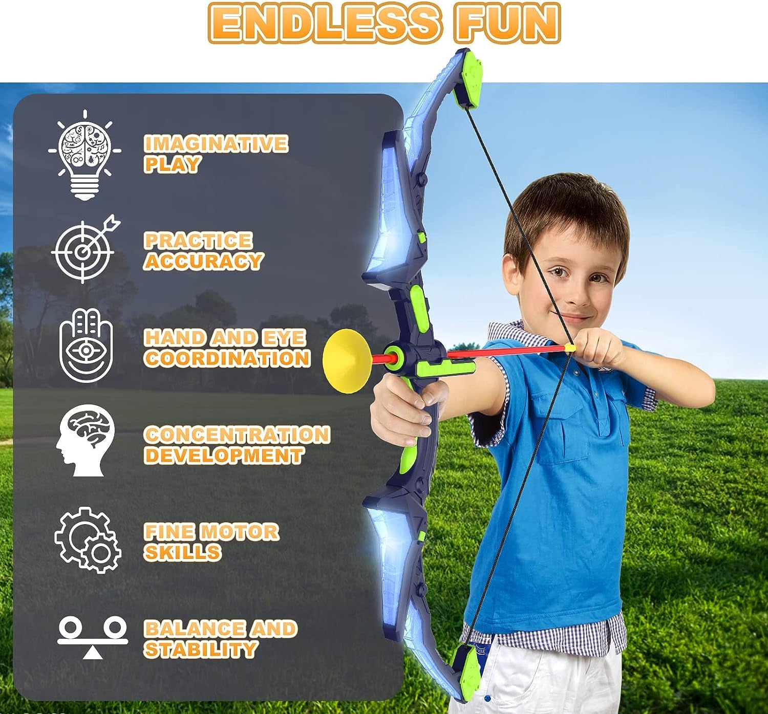 2 Pack Kids Bow and Arrow Set with LED Flash Lights, 14 Suction Cup Arrows and Fluorescence Standing Target-Perfect Indoor and Outdoor Archery Set Toy Gift for Boys and Girls Ages 4-12