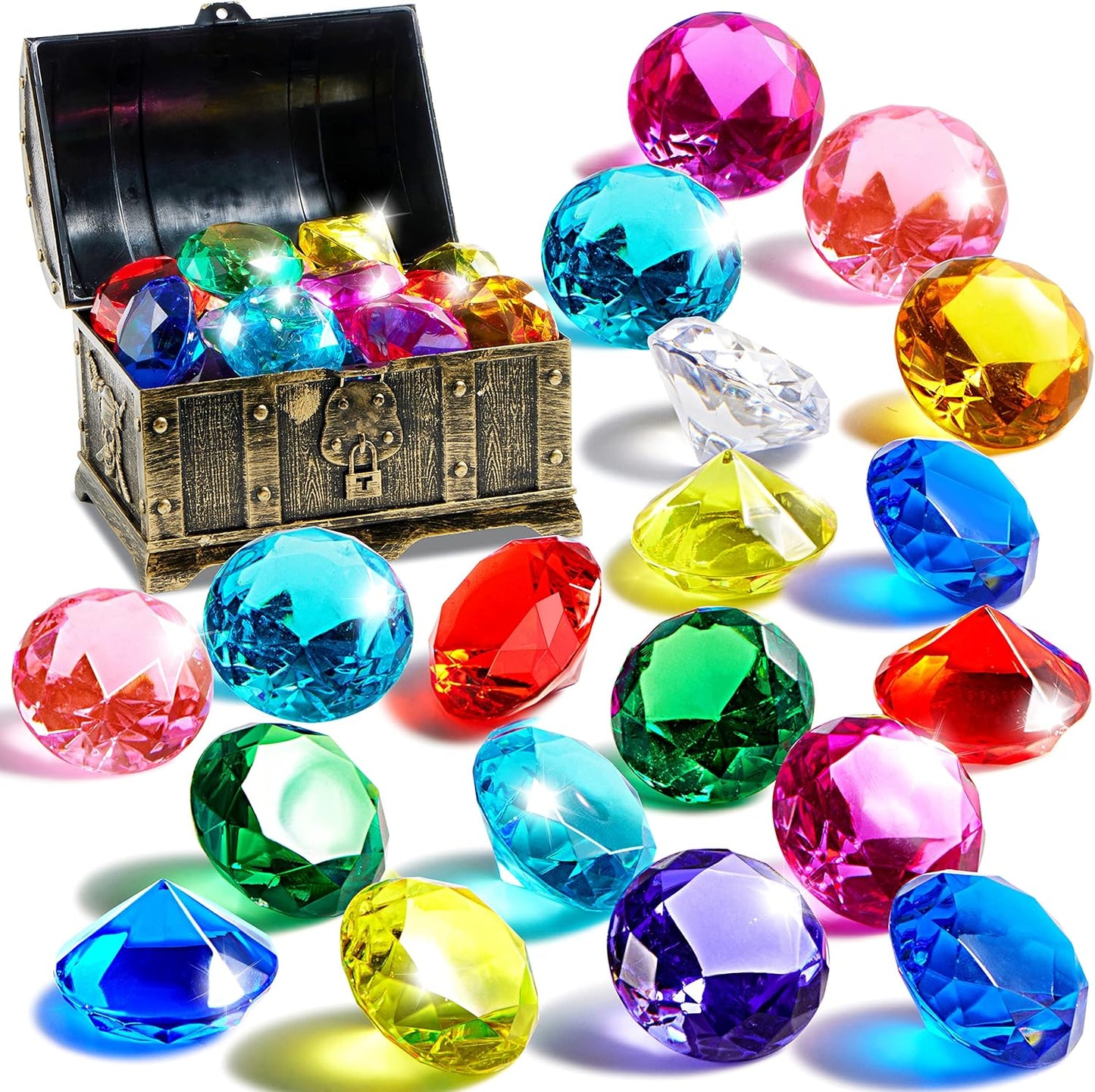 Diving Gems Pool Toys, 16 Big Colorful Diamond with Pirate Treasure Chest, Swim Dive Toy for Kids Underwater Gemstone Swimming Training Gift Water Toys Pool Games（Gold）