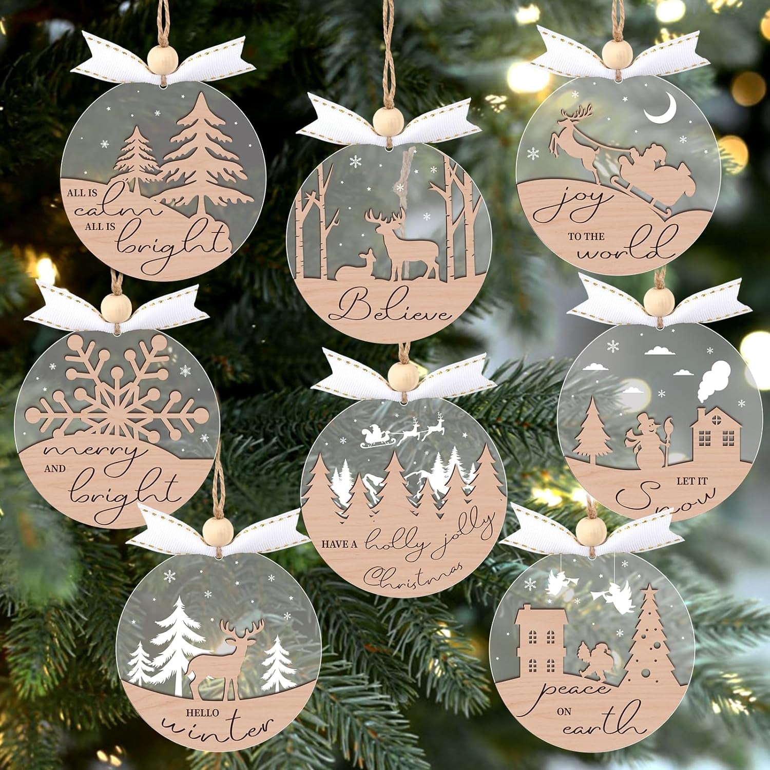 16Pcs Winter Christmas Hanging Ornaments for Tree - 3D Wooden Acrylic Christmas Cutouts Reindeer Snowman Snowflake Ornaments for Christmas Tree Gifts Winter Party Supplies