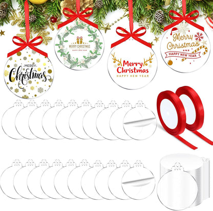 100 Pcs Christmas Clear Acrylic Ornament Blanks Bulk round Acrylic Discs Ornament Vinyl Christmas Hanging Circle Ornaments Blank with 2 Rolls Red Ribbon for Christmas Tree DIY Crafts (3 Inch)