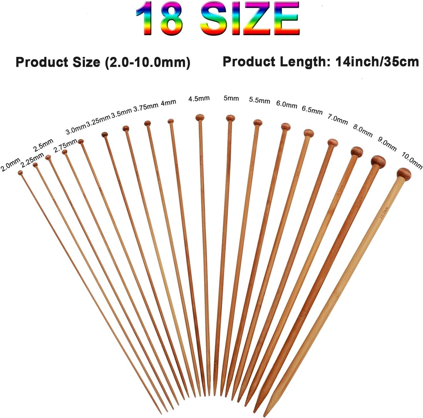 18 Pairs Single Point Bamboo Knitting Needles Wooden - 14 Inches Bamboo Knitting Needles Set for Beginners Knitting Crochet Straight Wood Needles(2.0Mm-10.0Mm)