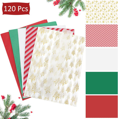 120 Sheets Christmas Tissue Paper for Gift Bags, Christmas Wrapping Paper Bulk Assorted Design Gift Xmas Tissue Paper, Red Green White Tissue Paper for Holiday Crafts (Gold Xmas Tree)