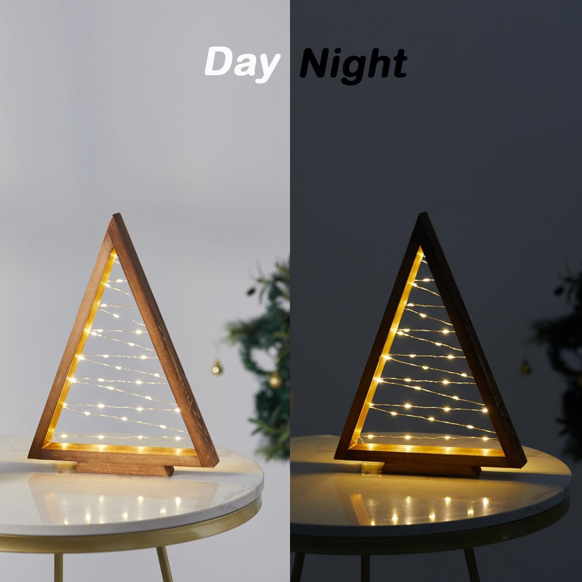 Wood Christmas Tree with Lights, Modern Farmhouse Lighted Tabletop Christmas Tree for Home Table Fireplace Mantle Shelf Decor, Christmas Holiday Decorations Set of 2 (Large 13.3" & Small 9.8")