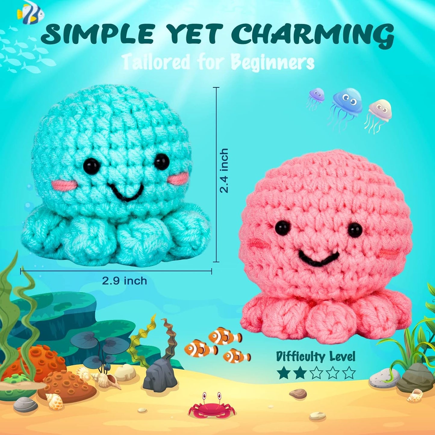 Crochet Kit for Beginners, Amigurumi Crocheting Animals Kits W Step-By-Step Video Tutorials, Knitting Starter Pack for Adults and Kids, Jumbo 2 Octopus Familly (40%+ Yarn Content)