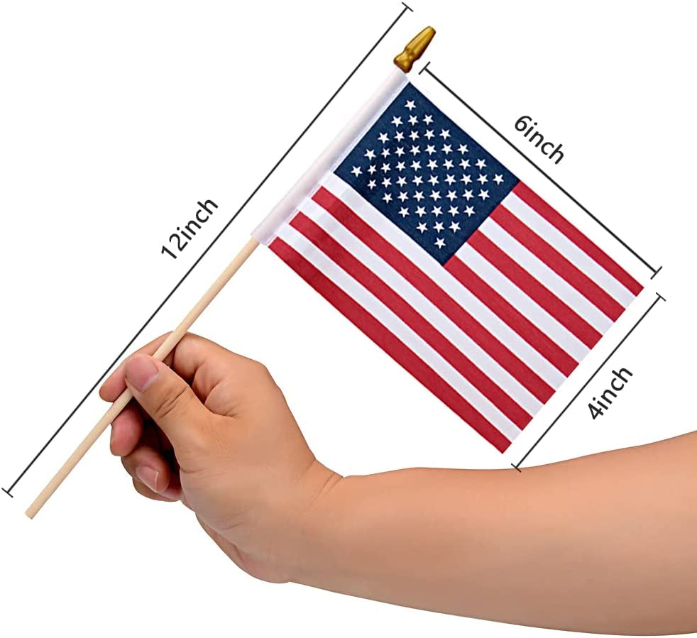 12 Pack Small American Flags Small US Flags/Mini American Flag on Stick 4X6 Inch US American Hand Held Stick Flags with Kid-Safe Spear Top, Polyester Full Color Tear-Resistant Flag