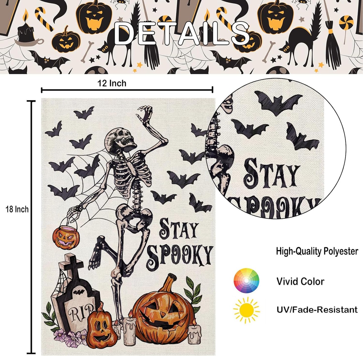 Halloween Garden Flags for outside Decoration, STAY SPOOKY Skeleton with Pumpkin Small Yard Flag for Outdoor Decor 12X18 Inch Vertical Double Sided