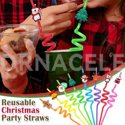 32PCS Christmas Reusable Drinking Straws, Snowman Penguin Reindeer Jingle Bell Gingerbread Man Pattern Party Favors Goodie Gifts for Kids Holiday Party Supplies