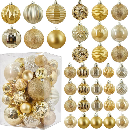 47PCS Christmas Ornaments for Tree, Gold Shatterproof Plastic Xmas Tree Hanging Ornaments Sets Decorations with Hooks for Holiday Decor, Multi-Styles and 3 Sizes