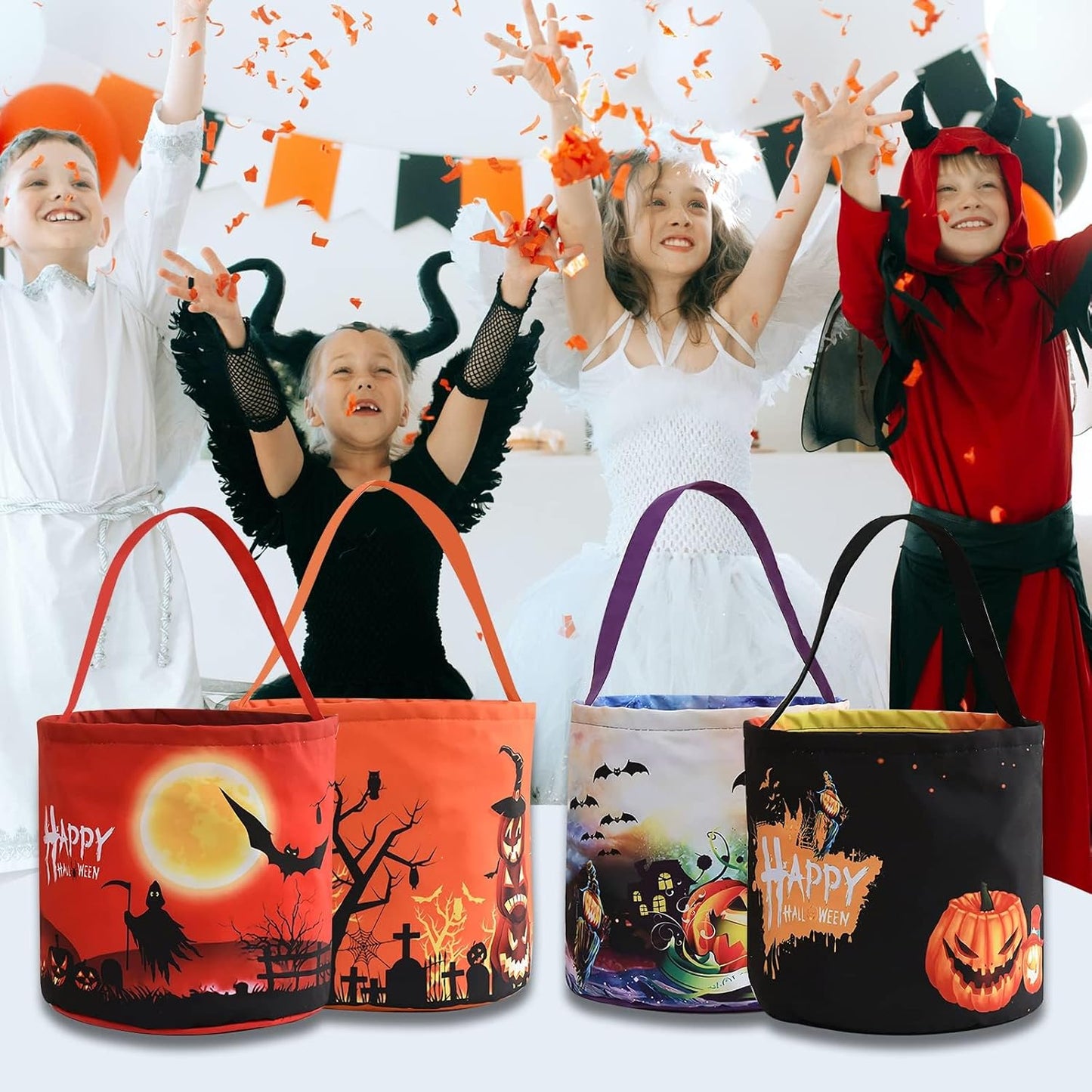 Halloween Trick or Treat Candy Bags LED Light up Pumpkin Bucket, Collapsible Reusable Candy Basket, Fabric Tote Gift Goody Bags for Kids Halloween Party (Orange-Led)